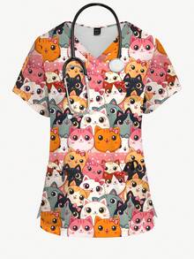 PopScrub Áo đồng phục mùa hè cỡ lớn với nơ và họa tiết mèo hoạt hình dễ thương, áo đồng phục y tá thoải mái dành cho phụ nữ. - Nhiều màu - Xem 7