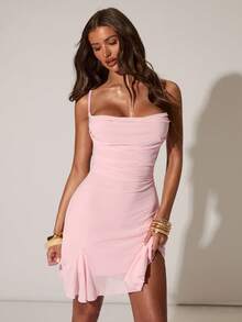 SHEIN BAE Women's Romantic Sexy Cute Draped Neck A-Line Dress, Suitable For Sisters' Gathering, Casual Outings, Beach Vacation, Party Occasions, Pink Dress, Valentine's Day Dress, Music Festival - Baby Pink - View 4