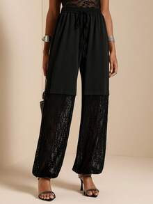 Vesra Pantalones de longitud hasta el tobillo de unicolor con encaje de contraste para mujer - Negro - Ver 3