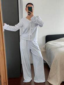 DAZY Sweet Bow Decor Floral Lace Trim Women Pajama Set - Grey - View 6