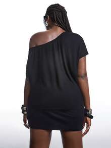 LYSMO 大码女式纯色不对称领蝙蝠袖休闲连衣裙