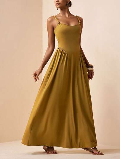 Zivah 2026 Spring/Summer New Music Festival, Easter, St. Patrick's Day, Valentine's Day, Date, Western, Nomadic, Birthday Party, Graduation, College, Student, Daily Wear, Basic Versatile, Casual, Vacation, Cruise Travel, Beach, Sunbathing, Viral , Streetwear, Wedding Guest, Boho, Commute, Brunch, Airport, Party, Holiday Outing, Office Attire, Women's Solid Color Sleeveless Pleated Dress, Yellow Attire