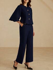 Aveloria Rosie Elegante traje de chaqueta y pantalones con cintura ceñida y mangas abullonadas en espiga - Azul - Ver 4