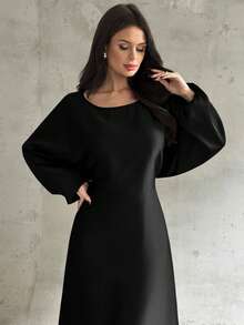 Firerie Robe élégante, romantique, décontractée et polyvalente pour femmes. Col rond, manches longues chauve-souris, taille nouée, coupe évasée. Couleur café. Tenue idéale pour les enseignantes, style automnal. Vêtements femme automne/hiver, robe marron - Noir - Voir 5