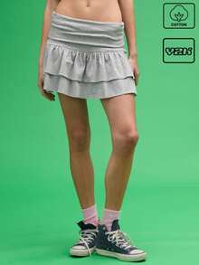 COUREZ 翻边低腰针织荷叶边迷你裙 Y2K 复古 100% 棉 - 灰色 - 查看 1