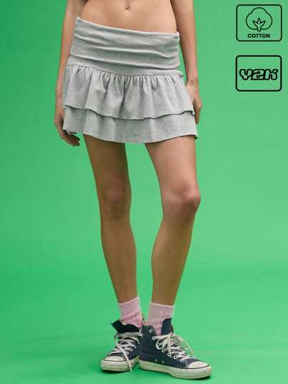 COUREZ Fold Over Low Rise Jersey Frill Mini Skirt Y2K Vintage 100%Cotton