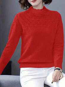 EMERY ROSE 休闲纯色高领毛衣，秋冬针织套头衫 - 紅色 - 查看 4