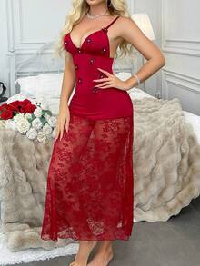 2pcs Lace Patchwork Women's Sexy Nightgown (Wireless, Thong) - Burgundy - View 3