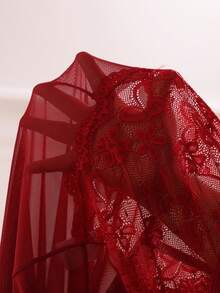 SHEIN Women's Sexy 3D Floral Lace Patchwork Sheer Mesh Bodysuit Lingerie - Burgundy - View 3