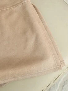 SHEIN PETITE 时尚新款绒面高腰修身A字开衩短裙，女士春秋季 - 卡其色 - 查看 5