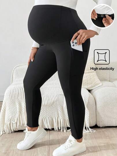 SHEIN Plus-Size Maternity Casual Black Slim-Fit Pants, Maternity Leggings, Plus-Size Maternity Wear, Maternity Pants With Pockets, Summer Casual Style, Comfortable And Form-Fitting To The Abdomen. Maternity Pants, Maternity Wear, Leggings, Plus Size. Leggings Plus Size