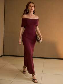 MOTF PREMIUM VESTIDO LARGO DE PUNTO AJUSTADO CON HOMBROS DESCUBIERTOS Y BAJO DE SIRENA ELÁSTICO PARA MUJER - Burdeos - Ver 6