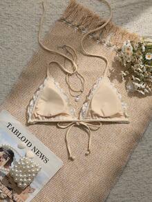 Swim Mod Women's Summer New Beach Vacation Cute Floral Tie Strap Triangle Bikini Top, Sexy Backless Swimsuit With Mesh Fabric - Beige - View 2