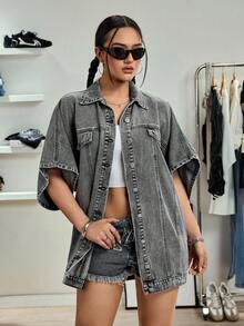 SHEIN Tall 高个子时尚开襟纽扣水洗牛仔连衣裙 - 淺灰色 - 查看 4