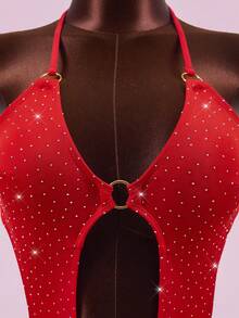 Zestiva Women's 2 Pieces Rhinestone Embellished Halter Neck Cutout One-Piece Swimsuit With Tie-Up Skirt, Summer,Carnival Women Look 2026,Valentine's Day Outfit,Beach Outfit,Party,Red,Sparkly Dress - Red - View 8