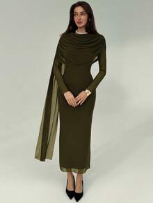 Aloruh Women's Elegant Ruffle Tie Long Dress, Autumn - Army Green - View 4