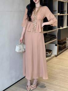 DAZY Women's Sequin Patchwork 3/4 Sleeve Blouse And Skirt Elegant 2 Pieces Set - Pink - View 5