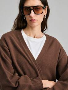 Ontre 女士休闲纯色开衫毛衣，优雅百搭，适合感恩节、圣诞节、新年派对、婚礼宾客等场合。 - 棕色 - 查看 7