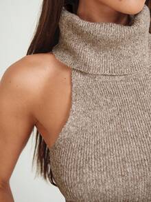 Aloruh Áo dệt kim không tay cổ cao, hở lưng, phong cách quý tộc cổ điển dành cho nữ, thích hợp cho mùa xuân, kỳ nghỉ xuân, mặc thường ngày, đi chơi. - Màu be - Xem 10