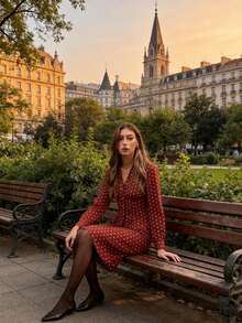 Pariaura Women's New French - Style Woven Fabric Printed Polka Dot Lapel Waist - Cinching Long - Sleeve Shirt And Midi Skirt Two Pieces Set: Embrace Romantic Retro Charm - Brown - View 1