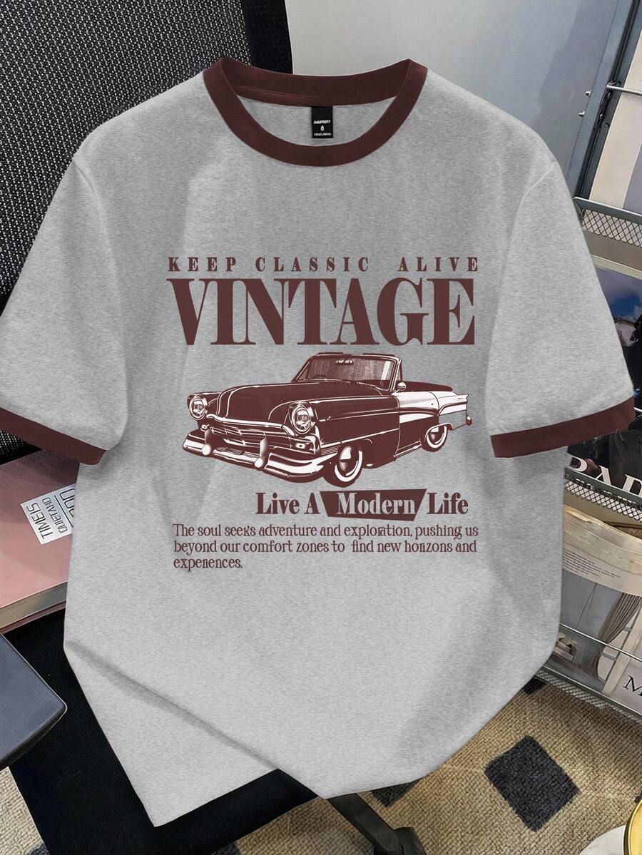 Manfinity Joysei Men's Casual Fashion Street Daily Commute Car Slogan Print Short Sleeve Ringer Tee, Summer - Grey - View 1