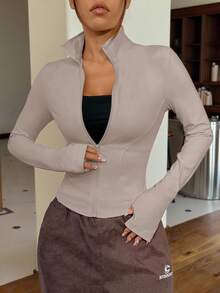 SHEIN EZwear 杏色针织修身女士长袖防晒外套，秋冬季高弹力运动长袖上衣，柔软长袖上衣，女士拉链外套，凉爽面料跑步上衣，弹力外套，运动上衣，女士全拉链外套，轻便外套 - 卡其色 - 查看 6