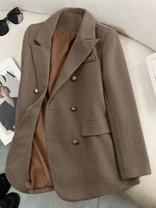 SHEIN PETITE Women's Petite And Short-Statured Sophisticated 2025 Autumn/Winter Suit Jacket With A Unique Collar Design, Simple Yet Elegant, Waist-Cinching, And Stylish Dark Brown Color, Perfect For Everyday Work.,Winter Clothes For Women,Summer,Spring,Valentine's Day ,Romance , Dating,Beach, Wedding,Birthday,Going Out,Elegant,Casual,Vacation,Graduation Season Attire, Fashionable Casual Commuter Wear, Business Office Wear, Versatile And Stylish Everyday Casual Wear, Urban Teacher's Professional Attire - Brown - View 5