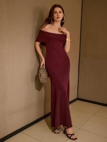 MOTF PREMIUM VESTIDO LARGO DE PUNTO AJUSTADO CON HOMBROS DESCUBIERTOS Y BAJO DE SIRENA ELÁSTICO PARA MUJER - Burdeos - Ver 5