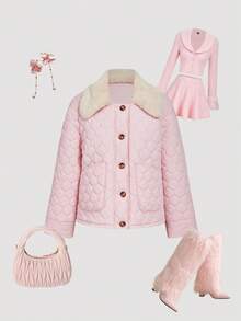 SHEIN MOD Jachetă de iarnă matlasată cu buzunar și guler din blană pentru femei, casual, cu umeri căzuți, mânecă lungă, cu un singur rând de nasturi