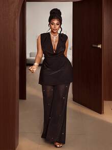 Maweii Bộ jumpsuit không tay cỡ lớn, thanh lịch và lãng mạn, đa năng, phù hợp cho cả công sở và thường ngày. - màu đen - Xem 4