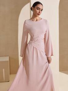 Graceveil Elegant Women's Rhinestone Embellished Ruched Crew Neck Long Sleeve Dress, Soft Pink - Pink - View 4