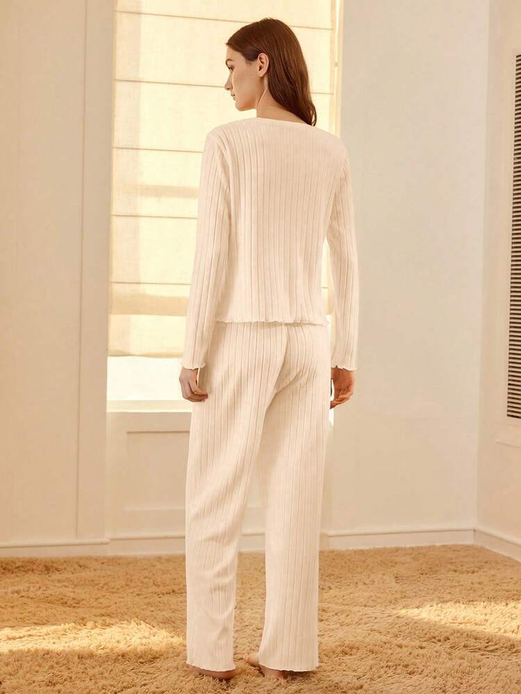 WOMEN'S COMFORTABLE RIBBED LONG SLEEVE TOP AND PANTS PAJAMA SET
