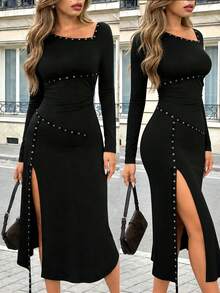 Rafferiza Vestido ajustado de manga larga con diseño asimétrico y abertura sexy - Negro - Ver 6