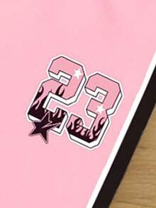 SHEIN Playful Pals 春夏女童休闲时尚创意个性清新可爱简约纽约23火焰星条纹图案字母标语印花T恤和打底裤两件套，舒适日常穿着，温暖的夏秋风格 - 彩色 - 查看 7