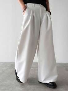 Claim Dot 男士休闲纯色褶裥斜插口袋宽松阔腿裤 - 白色 - 查看 3