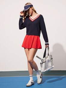 CourtClass Women's Contrast Stripe Ruffle Trim Tennis Dress, Summer Red Tennis Skirt Red Skirt Cheerleader Skirt - Red - View 7