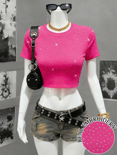 INAWLY 女士上衣，钻石压纹，星空亮片高腰修身时尚圆领短袖T恤，2026夏季新款女式T恤