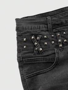 ROMWE MEN Casual Men's Metal Rivet Layered Denim Jeans - Brown - View 3