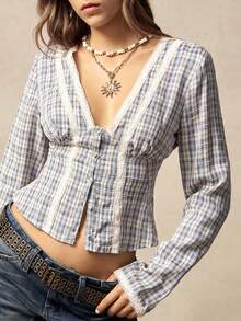 Bohemela Áo khoác ngoài phong cách Boho Thu/Đông, Áo kiểu nữ cổ chữ V tay dài kẻ caro vintage phối ren, thích hợp cho kỳ nghỉ biển, mặc hàng ngày, đi học, đi chơi, dự tiệc, Giáng sinh, Năm mới. - Nhiều màu - Xem 2