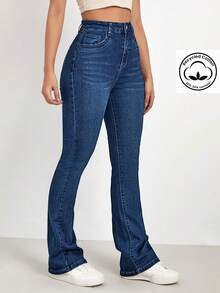 Flexra Quần jeans ống loe cạp cao màu xanh denim đã giặt tẩy - Màu xanh lam - Xem 4