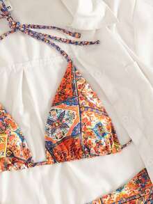 Swim Vcay 针织假日派对郊游海滩数码印花新年性感沙滩裙冬季度假吊带圣诞节爆款优雅夏季女士三件套三角杯扎染比基尼泳衣 - 彩色 - 查看 5