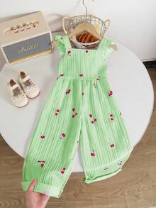 Genkimix Kids 一件复古休闲修身独特樱桃印花连体裤，适合夏季户外活动和上学穿着。 - 綠色 - 查看 5