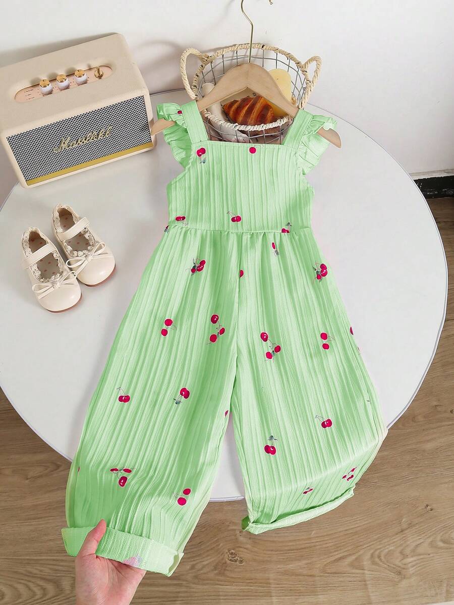 Genkimix Kids 1 bộ áo liền quần dáng ôm vừa vặn kiểu cổ điển in họa tiết quả anh đào độc đáo, thích hợp cho hoạt động ngoài trời mùa hè và đi học. - màu xanh lá - Xem 1