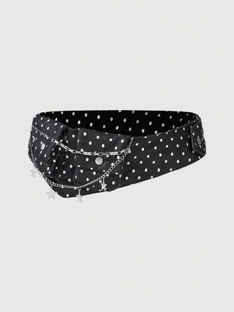 Anime Retro Black & White Polka Dot Print Pocket Waist Bag With Adjustable Width Belt, Fashion Versatile Accessory Combo For Commuting