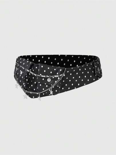 Anime Retro Black & White Polka Dot Print Pocket Waist Bag With Adjustable Width Belt, Fashion Versatile Accessory Combo For Commuting
