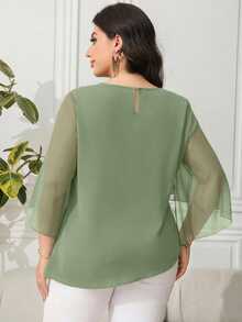 Reflora Plus Size Women's Elegant Chiffon Ruffle Sleeve Slim Fit Blouse, Spring/Summer Fall - Green - View 2
