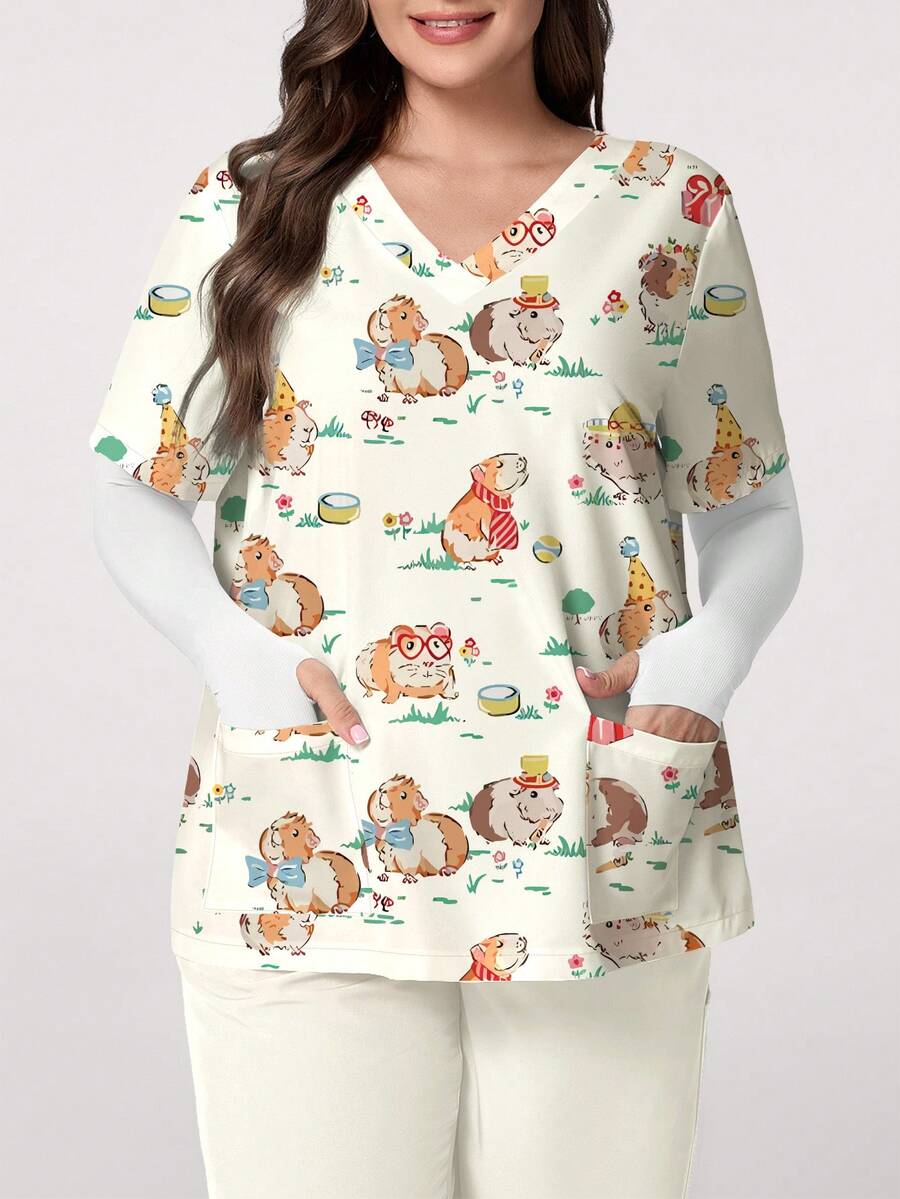 PopScrub Plus Size Summer Uniform Top, Casual Women's Uniform Top With Cute Hamster & Floral Cartoon Print - Multicolor - View 1