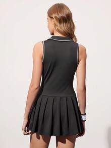 CourtClass Black Line Design Sleeveless Fitted Yoga Sports Dress With Pockets, Casual & Versatile - Black - View 2