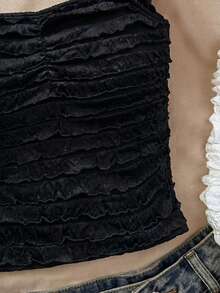 SHEIN TEENGIRL Summer White Vacation Cap Sleeve Lace Blouse, Textured Fitted Lace Top, Suitable For Afternoon Tea, Beach Vacation - Black - View 3