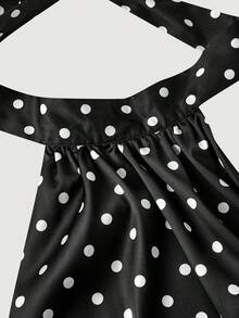 SHEIN MOD 米色和黑色波点缎面系带高领露背上衣——复古优雅的宫廷风格，适合约会、派对、Y2K风格、节日和生日穿着。 - 黑色 - 查看 3